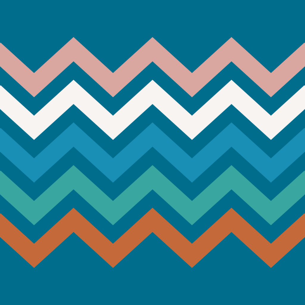 Orange, teal, blue, white and pink zigzags on a kingfisher blue background