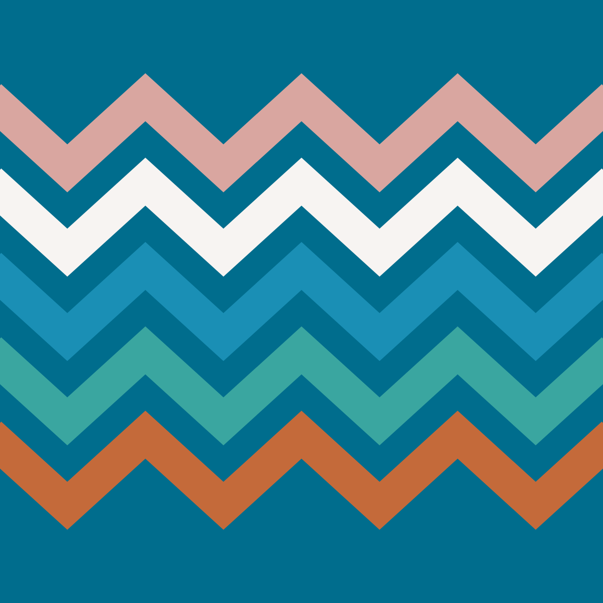 Orange, teal, blue, white and pink zigzags on a kingfisher blue background
