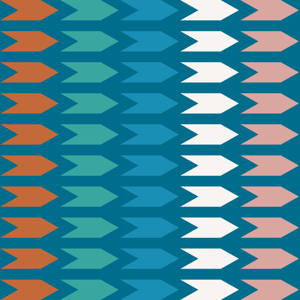 Orange, teal, blue, white and pink chevron arrows on a kingfisher blue background