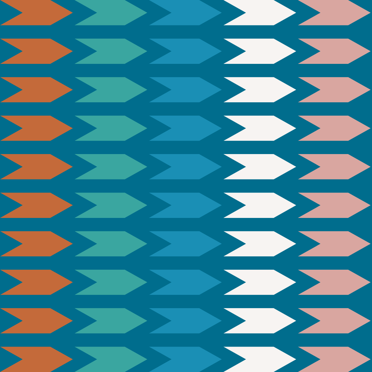 Orange, teal, blue, white and pink chevron arrows on a kingfisher blue background