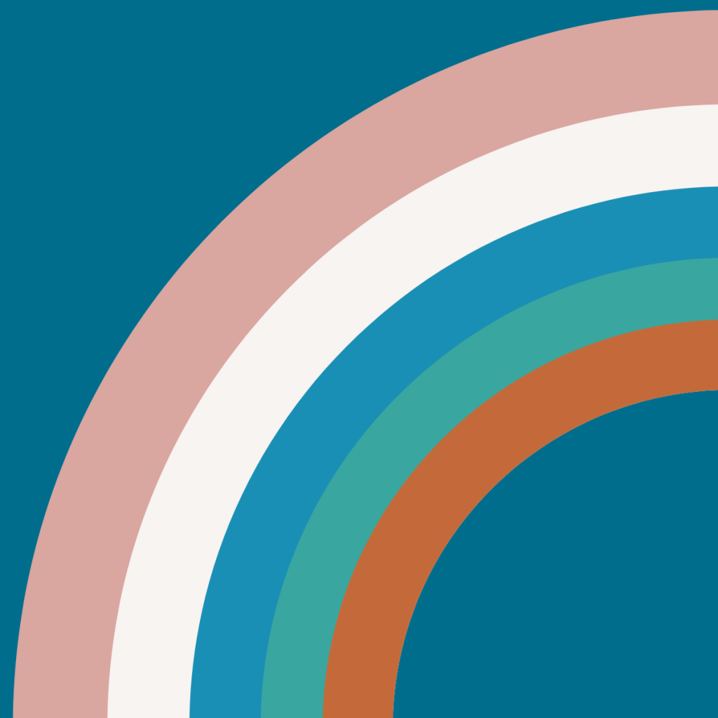 Orange, teal, blue, white and pink half rainbow on a kingfisher blue background